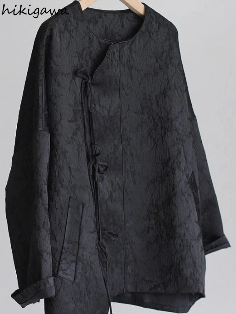 

Camisas De Mujer Vintage Blouse Women Clothing Chinese Style Floral O-neck Oversized Shirts Coat Black Long Sleeve Blouses Tops