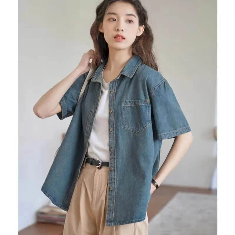 

Denim Shirts for Women Vintage Short Sleeve Solid Cardigans Polo-neck Casual Single Breasted Korean Fashion One-piece Women Tops