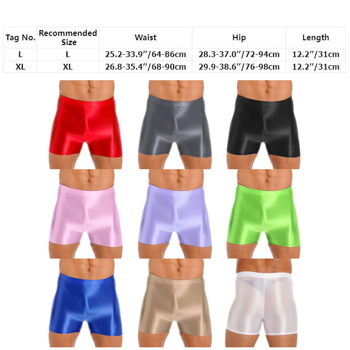 Men Oil Glossy Shorts Swimwear Stretch Mid Waist  Sport Fitness Gym Bottoms Underwear Bulge Pouch Trunks Short Leggings Swimsuit