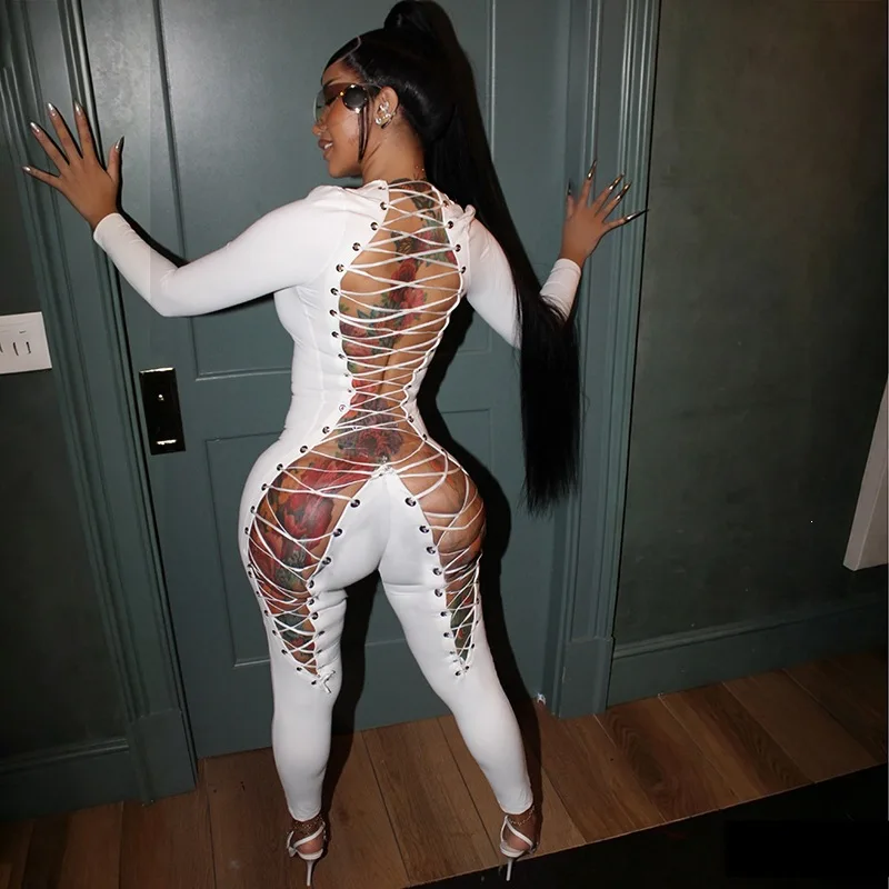 STYLISH LADY Long Sleeve Lace Up Back Jumpsuit 2026 Women Hollow Out Bodycon Booty Tight Jumpsuit Sexy Nightclub Party Outfit