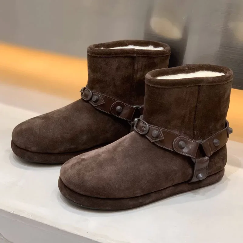 حذاء قصير من الجلد الطبيعي عالي الجودة حذاء نسائي مسطح غير رسمي حذاء دافئ من الصوف #2