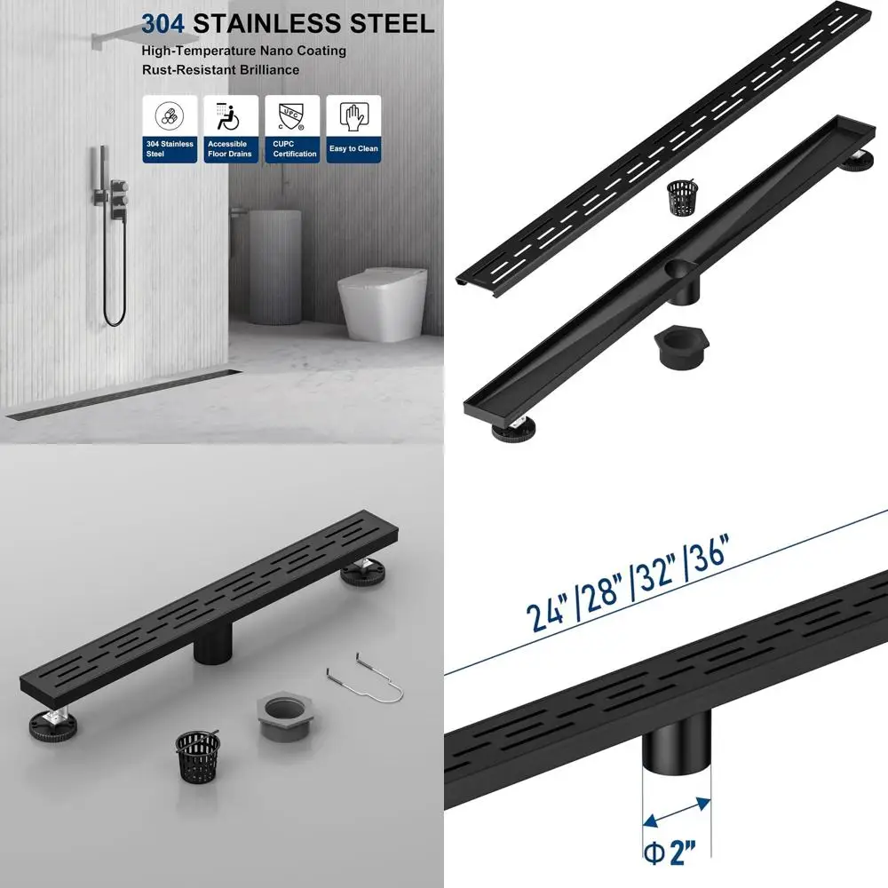 

Rectangular 36 Matte Black Shower Drain with Brick-Pattern Grate in Brushed 304 Stainless Steel