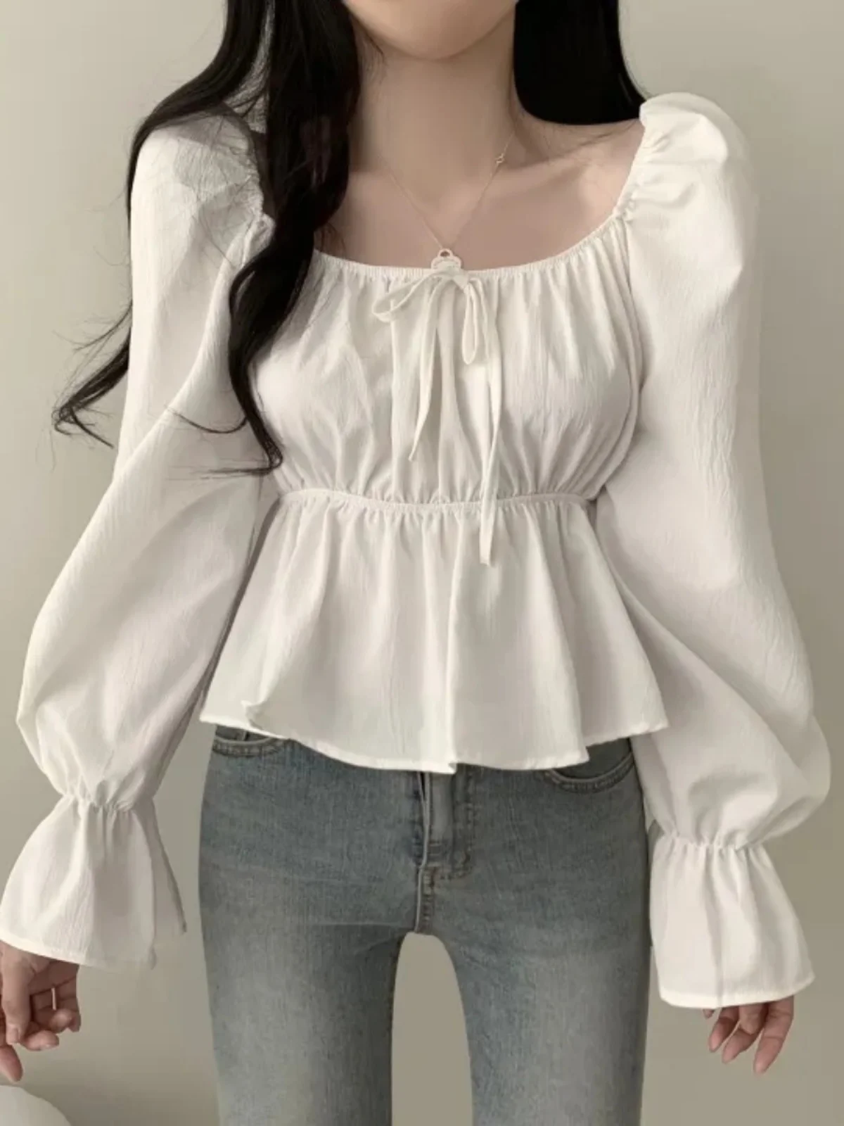 

Ele Sweet Collared Tied Pleated Women's irt Spring Autumn Unique Waist Cinched Long Sve Bubble Top Commute Sle
