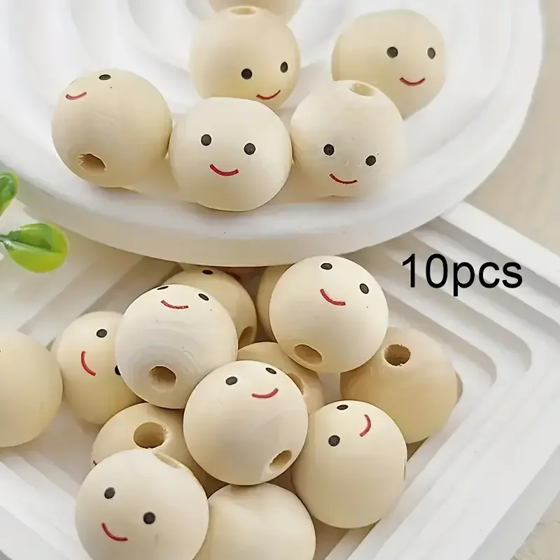 10pcs Happy Face Wood Beads for Crafting-Decorative Round Wooden Beads for Jewelry Making, DIY Projects,Handmade Decor - Artisan