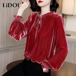 Outono inverno oversized veludo fungo borda rendas até elegante camisa feminina princesa manga vintage all-match blusa de fundo femme