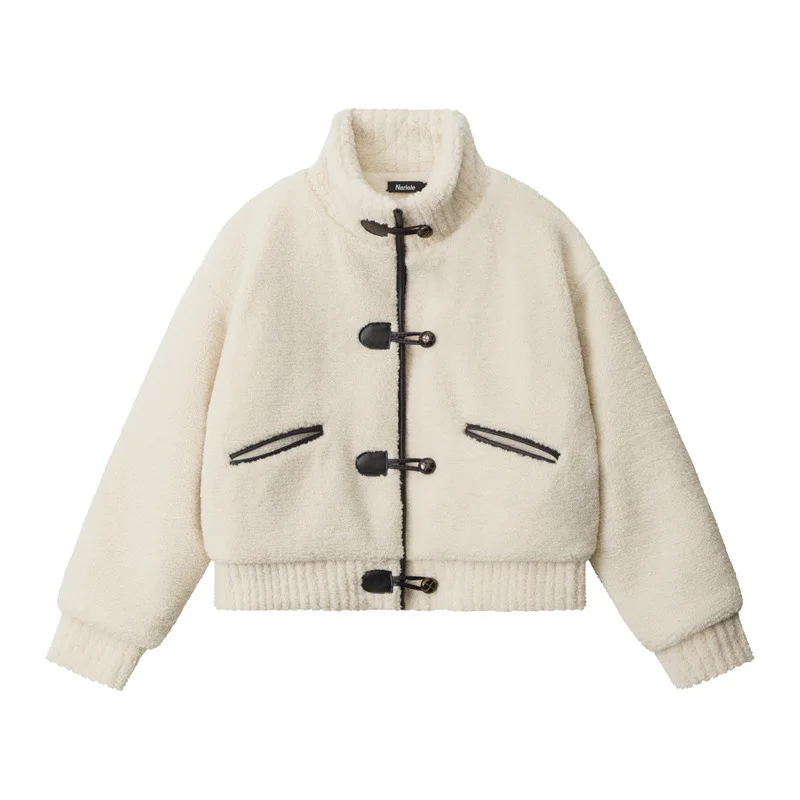 Col montant fausse fourrure veste simple boutonnage blanc manteau en peluche Faux agneau chaud épais Patchwork fourrure vestes moelleux ample élégant