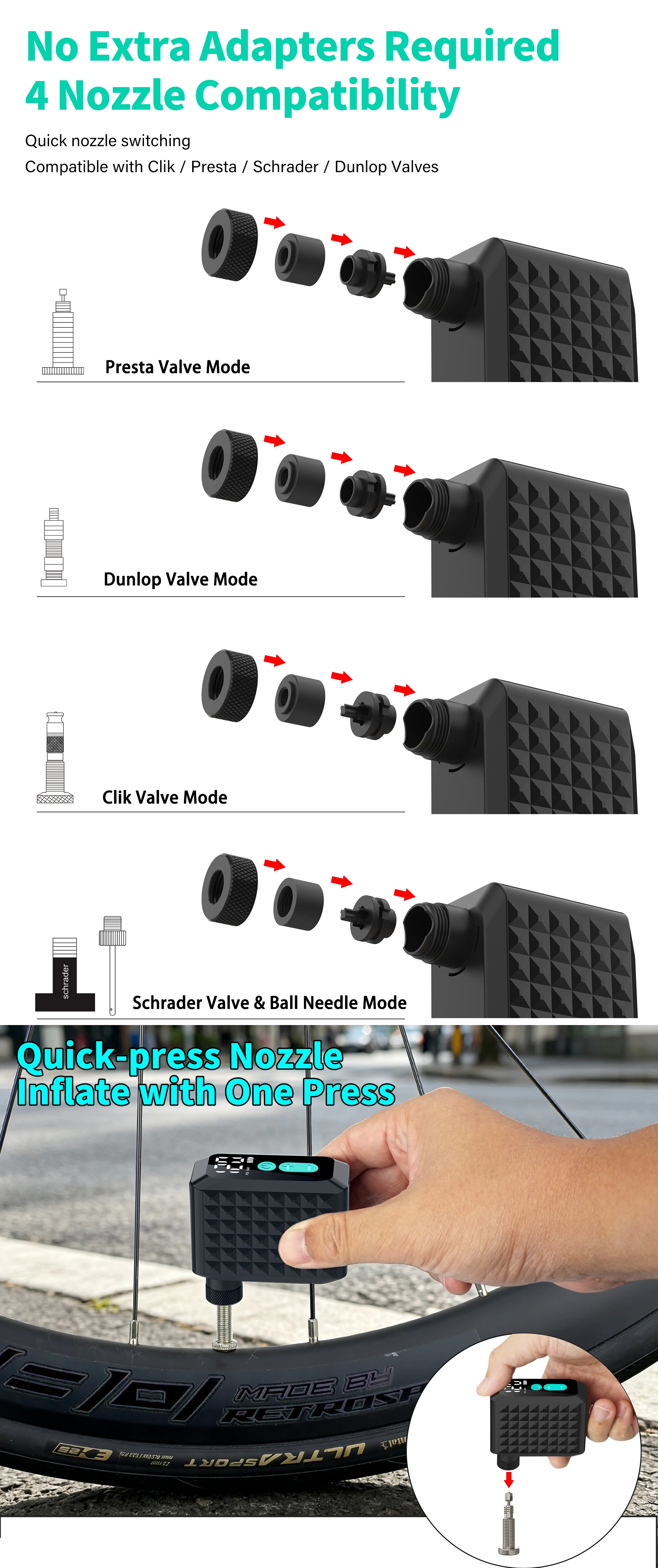 Elektrische Fahrradpumpe 120PSI Reifenfüller mit 4-in-1-Ventilen (Presta, Schrader, Dunlop & Clik-Ventile), bürstenlosem Motor und digitaler Anzeige. – Detail 4