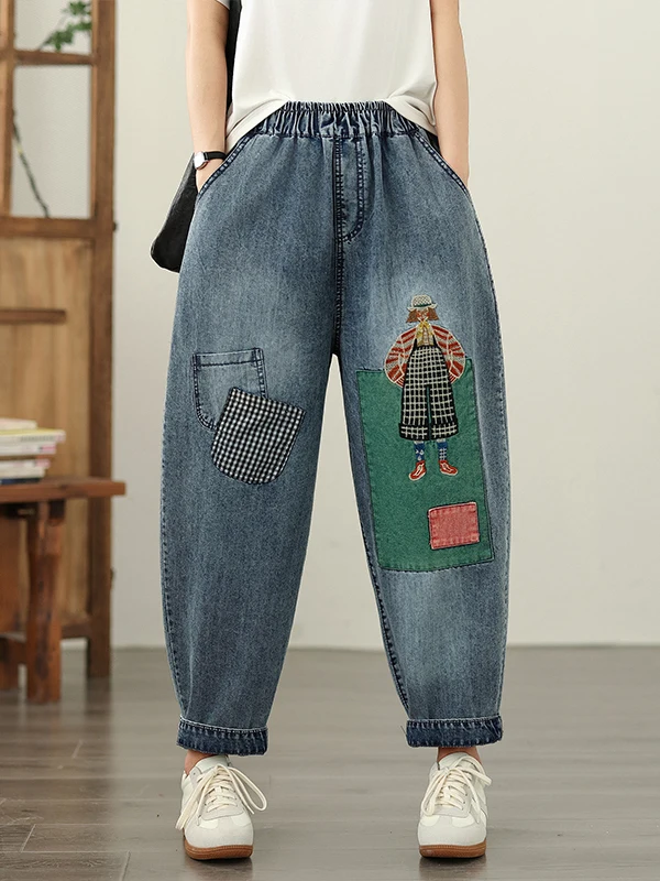 المرأة لينة الدنيم المرقعة فضفاضة عادية رقيقة سراويلي حريمي عالية الخصر تسع نقاط الجينز Sli التخسيس هارلان بنطلون