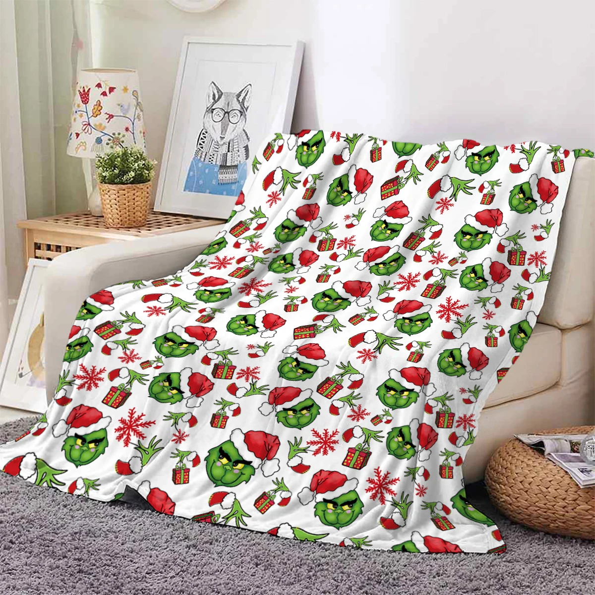 1pc Christmas gift Grinch digital printed flannel blanket, warm, skin-friendly, suitable for office, home, travel, camping