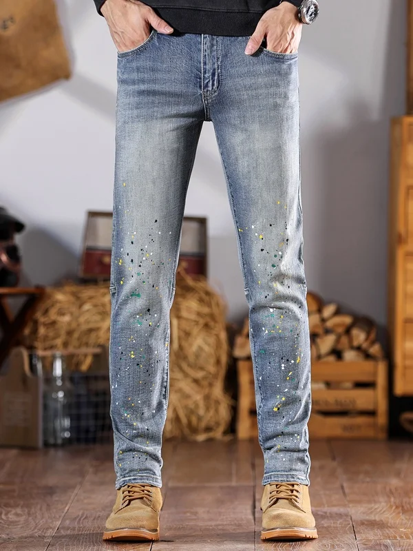 

Высококачественные джинсы Slim Fit с эффектом окрашивания для мужчин, весна-осень, американский уличный стиль, износостойкие, из хлопка с добавлением стрейча