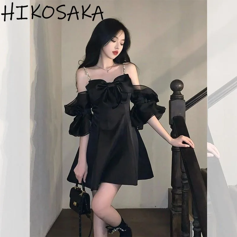 

French Style Slash Neck Bow Sling Dress Elegant High Waist Slim A-line Mini Robe Female 2024 Summer New Chic Black One Piece