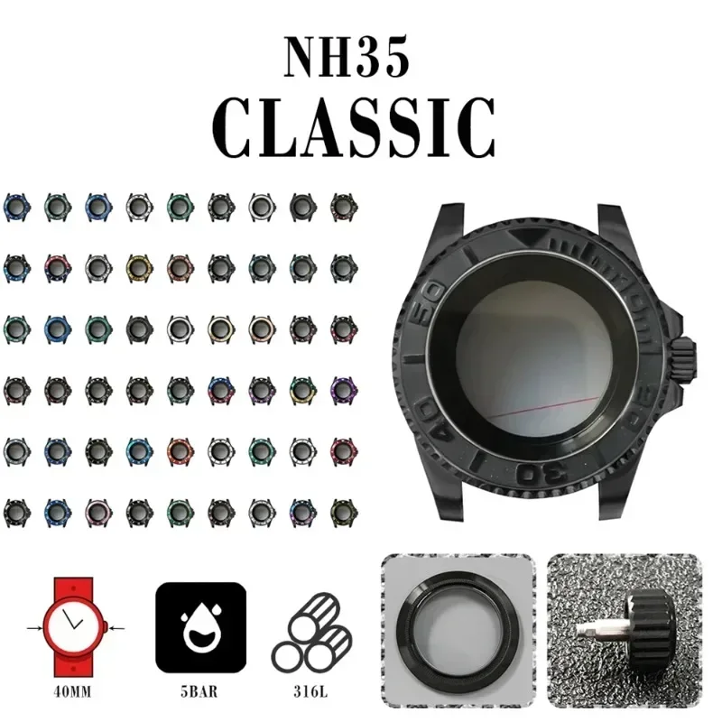 40mm NH35 Case PVD Black Stainless Steel Transparent Bottom Sapphire Mirror Watch Case Suitable for NH35 NH36 Movement NEW DIY