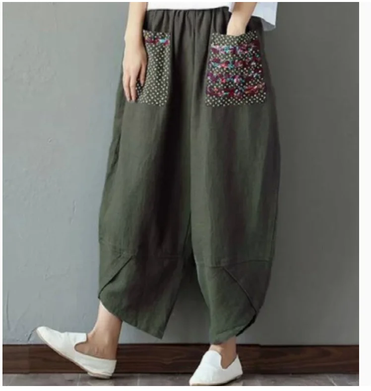 1pcs/lot  Summer Casual Loose Long Trouser Women Elastic Waist Retro Print Linen Cotton Harem Pants
