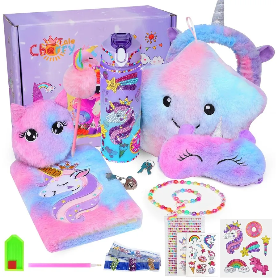 Cherry Tale Unicorn Toys Regali per ragazze 4-6 7 8 9 10 anni Regali di compleanno per ragazze Set con cuscino a stella illuminato Diario in peluche