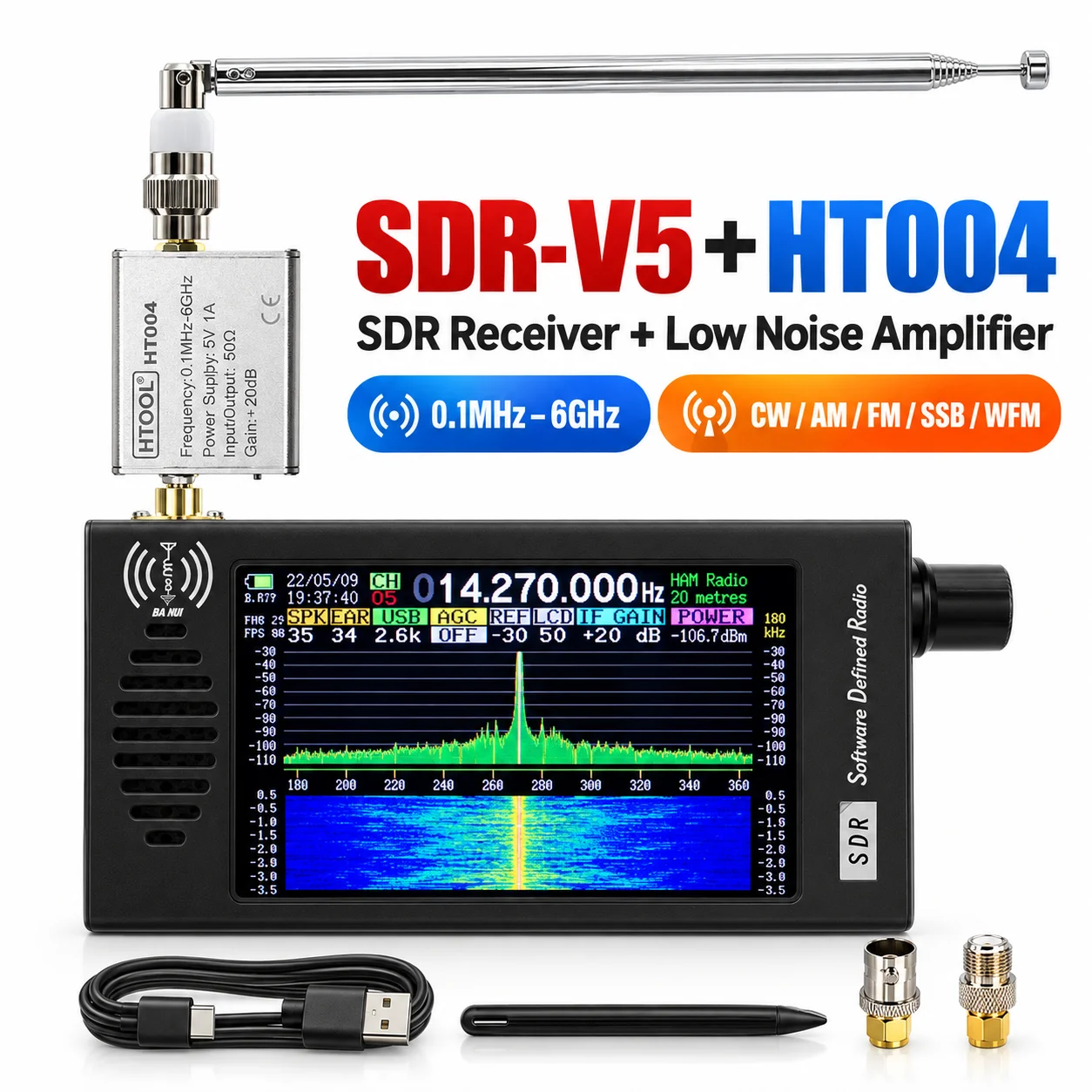 RTL SDR Receiver Software Defined Radio SDR-V5 with HT004 Low Noise Amplifier 0.1MHz-6GHz Wideband Radio Receiver CW AM FM SSB W