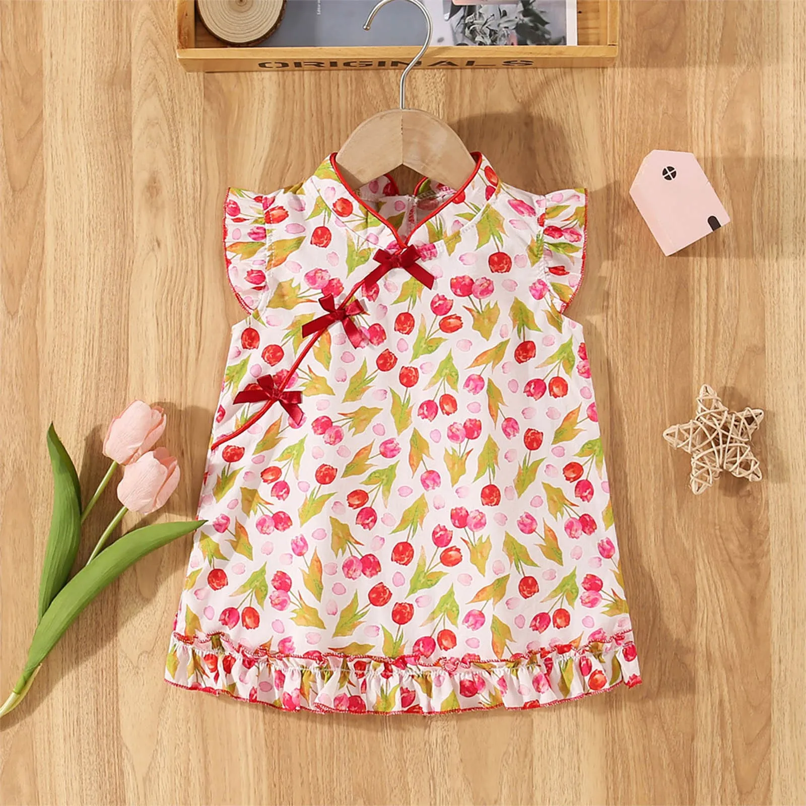 Girl Kid'S Dress Summer Toddler Girls Sleeveless Prints Improved Cheongsam Dress Casual Bowknot Dress Clothes Ropa De NiñA