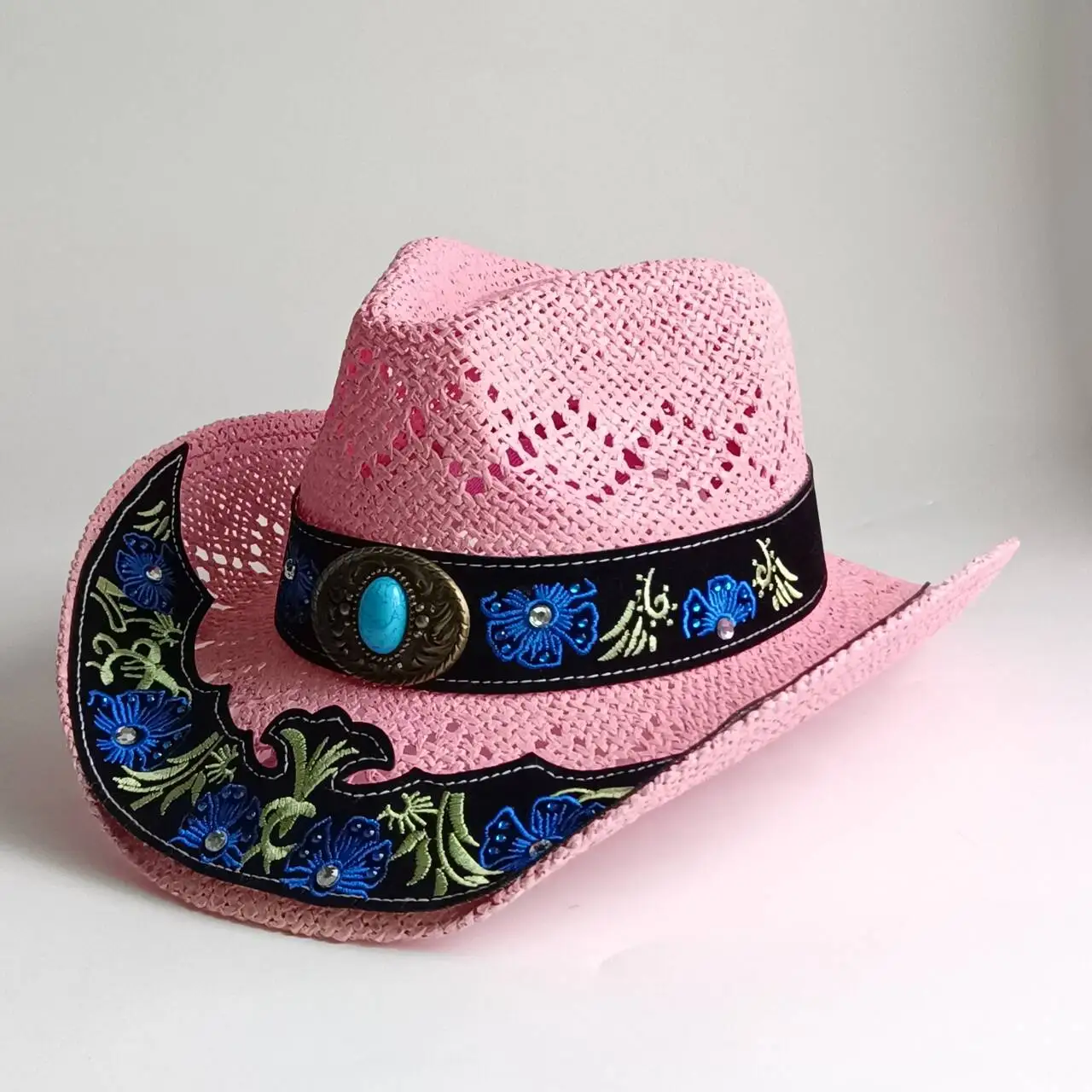 Soft Pink Hollow Crochet Western Cowgirl Straw Hat Blue Floral Rhinestone Embroidery Black Hatband Turquoise Buckle Wide Brim Br