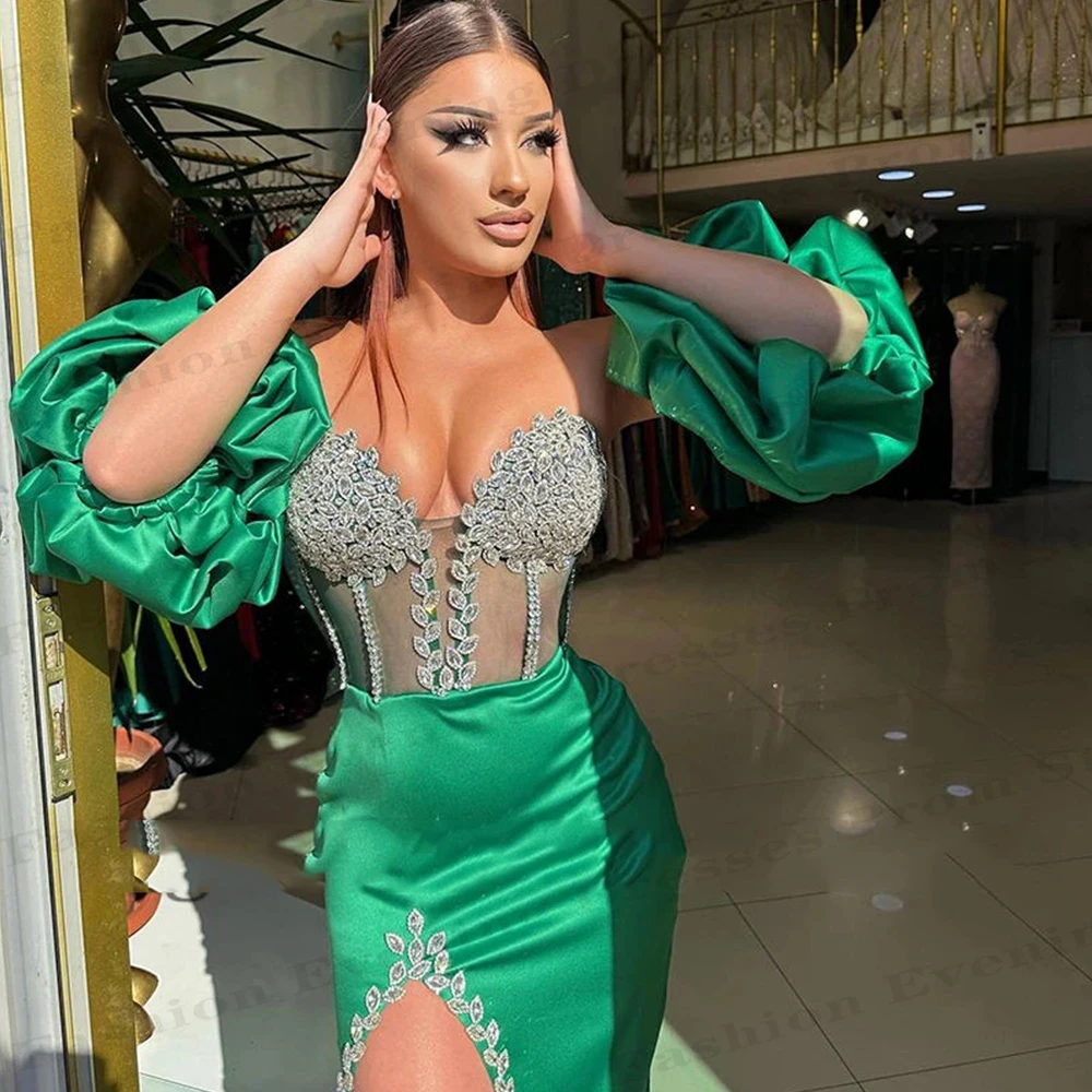 Vestidos de Noche sexis de sirena a la moda elegantes para mujer con hombros descubiertos mangas esponjosas abertura larga vestidos de fiesta personalizados para graduación 2025