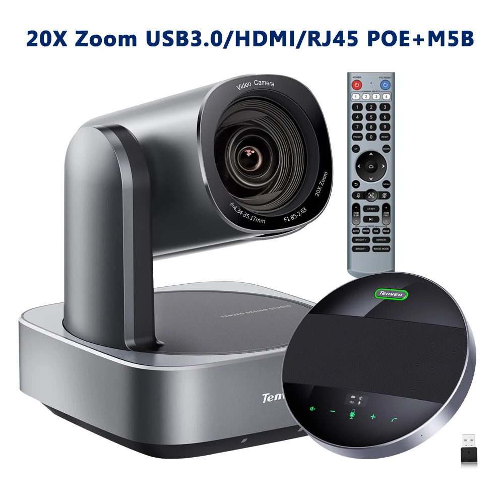 

Tenveo VL20N 1080P NDI PTZ Camera AI 20X Optical USB/HDMI/PoE Camera and M5B 8000mAh 4 Mics 5W 6M Microphone Speakerphone System