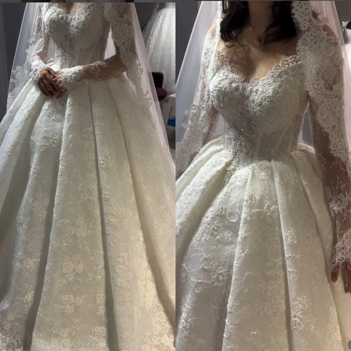 

Luxury Lace Ball Gown Wedding Dress Long Sleeves Sheer Neckline Beaded Princess Bride Dresses Vestido De Novia Customized