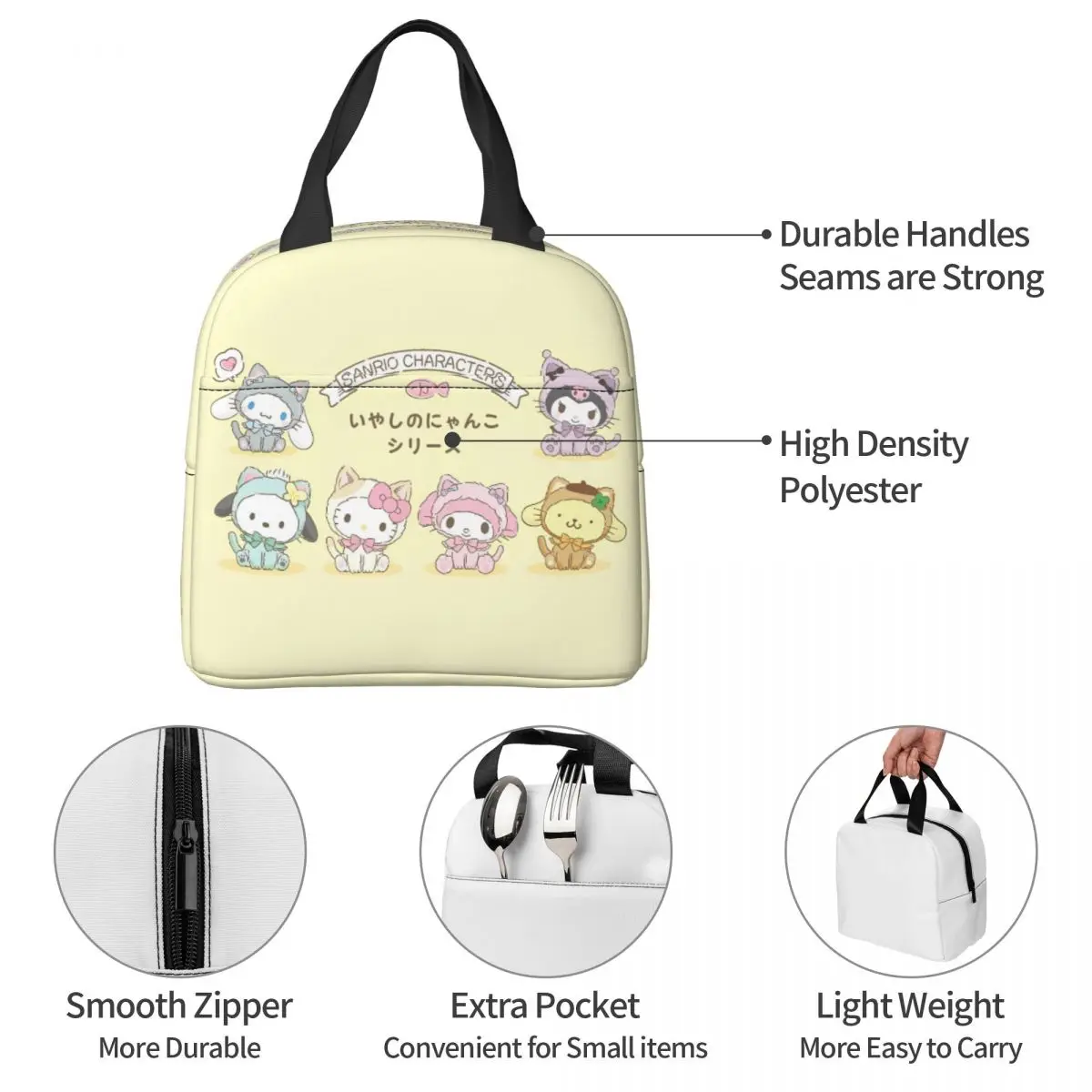 Hello Kitty Kuromi Kawaii Sanrio Anime Insulated Lunch Bag Portable Reusable Thermal Bag Tote Lunch Box School Travel Food Bag