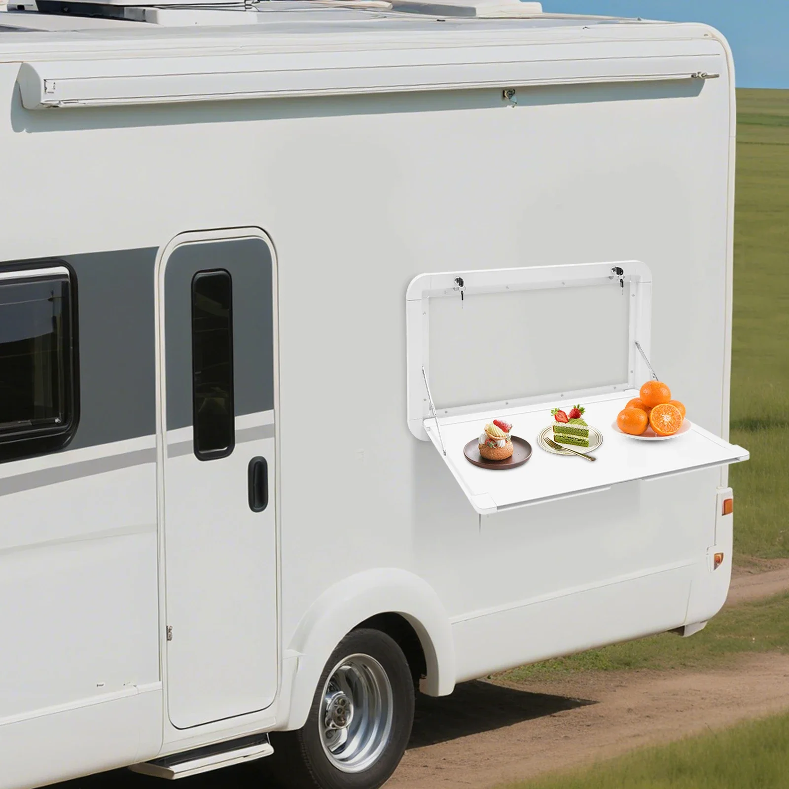 RV الحائط قافلة RV الوجه أضعاف أسفل مكتب الأبيض ، التخييم نزهة طوي RVs الجدول طاولة معلقة خارجية 80*45 سنتيمتر #2