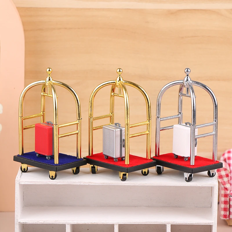 1:12 Dollhouse Miniature Star Hotels Food Delivery Car Luggage Cart Trolley Dining Cart With Wheel Assembly Model DIY Scene Toy