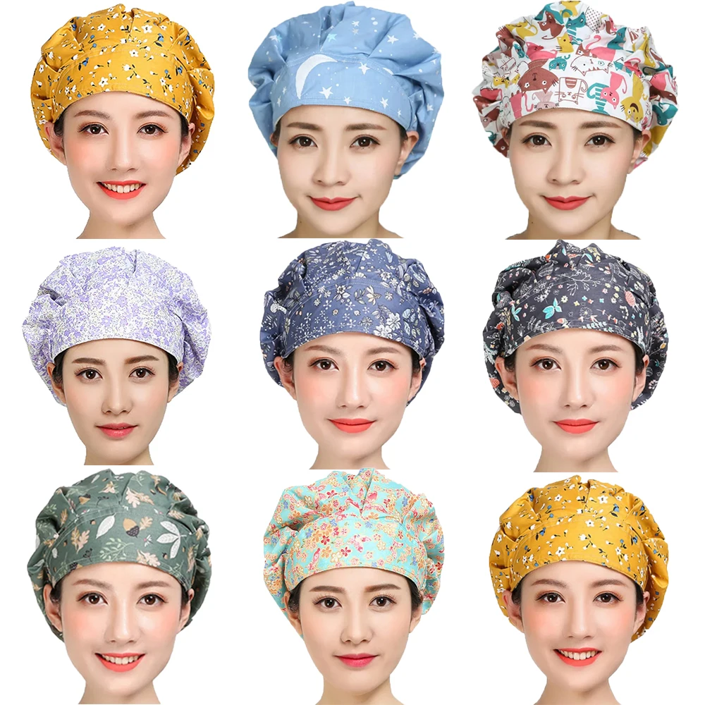 Women Printed Bouffant Scrub Caps Cotton Sweatband Adjustable Washable Reuseable Hats Casual Head Cover Working Caps Medical