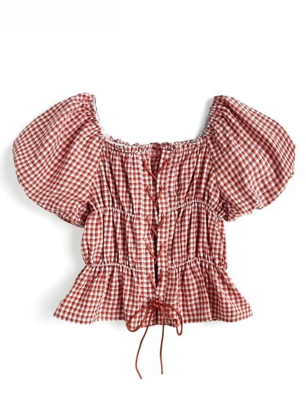 

Summer New Japanese Sweet Shirt Off-shoulder Plaid Cross-lace-up Blouse Cute Girl Versatile Bubble Sleeve Short Slimming Tops