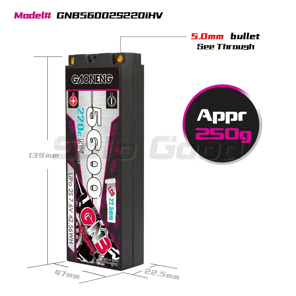 GAONENG GNB 5600mAh HV 2S 220C 440C 7.6V LCG 5mm Built-in Bullet Hard Case LiPo Battery 1/10 1/8 Touring Car