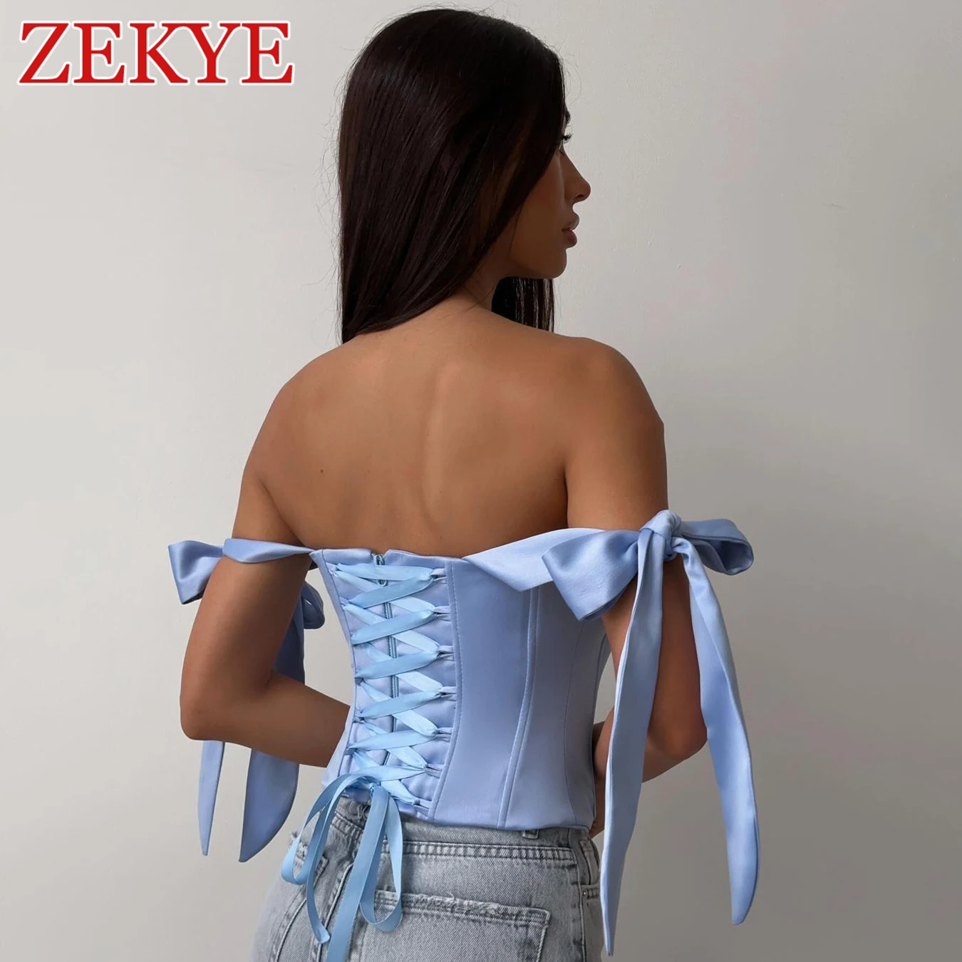 Zekye Streetwear Bandage Corset Top Women Elegant Solid Satin Kawaii Backless Zipper Slim Crop Top Fashion Summer Clothes 2024