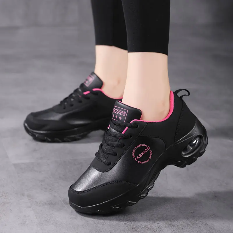 Black Sneakers Sport Woman Platform Thick Sole Leather Soft Air Cushioning Shoes Damping Running Shoes Non Slip Ladies Trainers