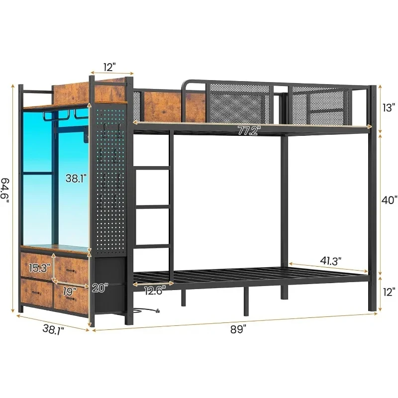 Metal Over Twin Hall Tree, Power Outlet, LED Bunk 4 Storage Drawers, Bed With Safety Guardrail