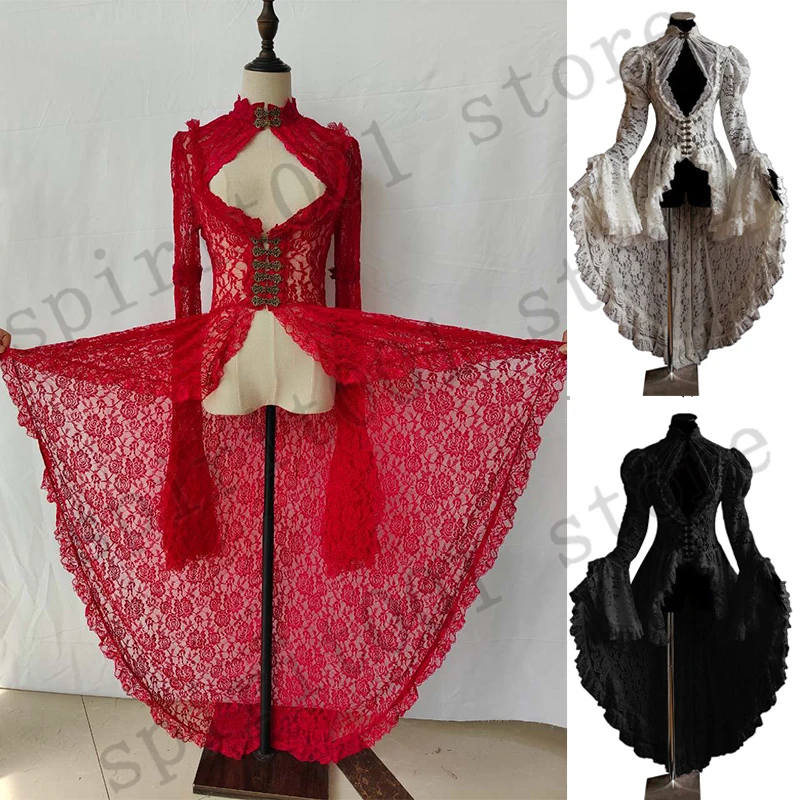 Vintage Medieval Renaissance Gericht Kleid Cosplay Kostüme Halloween Frauen Gothic Spitze Stehkragen Kleid Cape Sreampunk Vestido