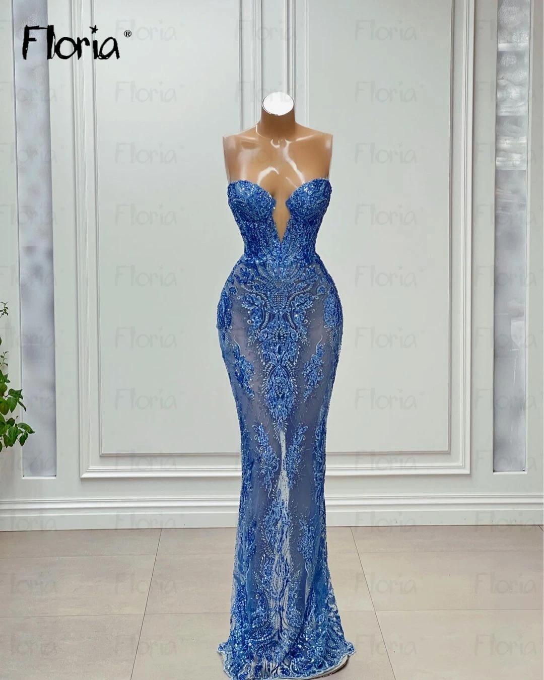 Elegante vestido De encaje con cuentas azules para fiesta De boda, hermoso vestido De Noche árabe con escote Corazón De sirena, ropa De cumpleaños