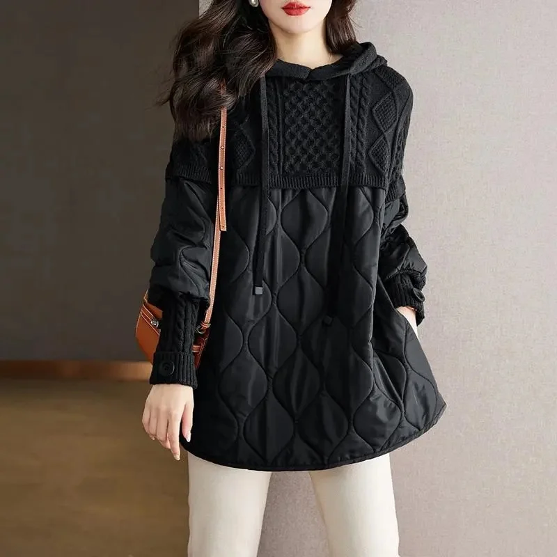 Women Winter Parka 2024Fashion Splicing Down Cotton Jacket Ladies Coat Knitting Hooded Long Sleeved Female Jacket Women Clothing