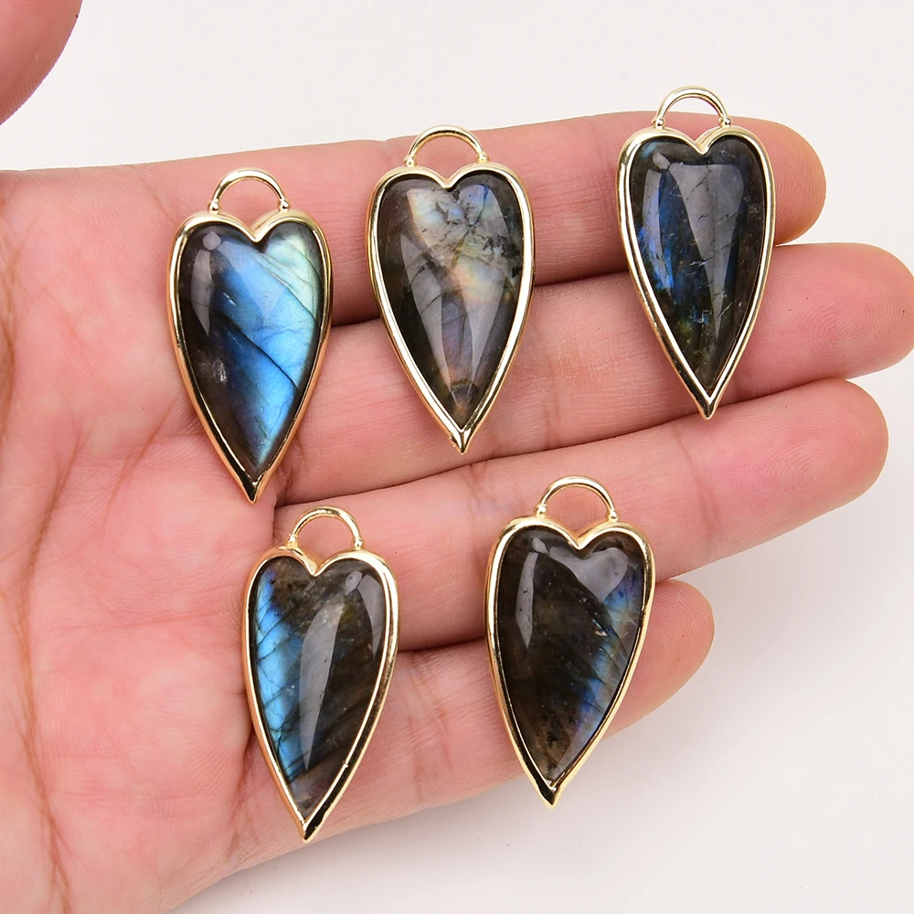 

APDGG 5 Pcs Natural Labradorite Quartz Heart Pendant Gold Edge Plated Bezel Set Gems Stone Charms Jewelry Making DIY