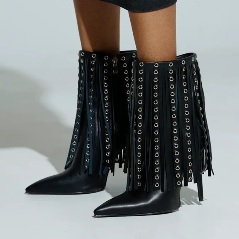 

Брючные сапоги с металлическими заклепками и кисточками, пикантные модные женские современные ботинки с круглым носком на тонком каблуке, новые поступления по индивидуальному заказу