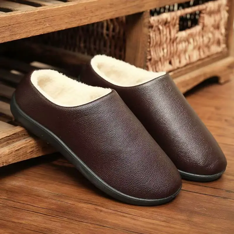 Waterproof House Slippers for Men Winter Warm Slip‑On Indoor Cotton Slippers Floor Shoes for Women Middle-aged
