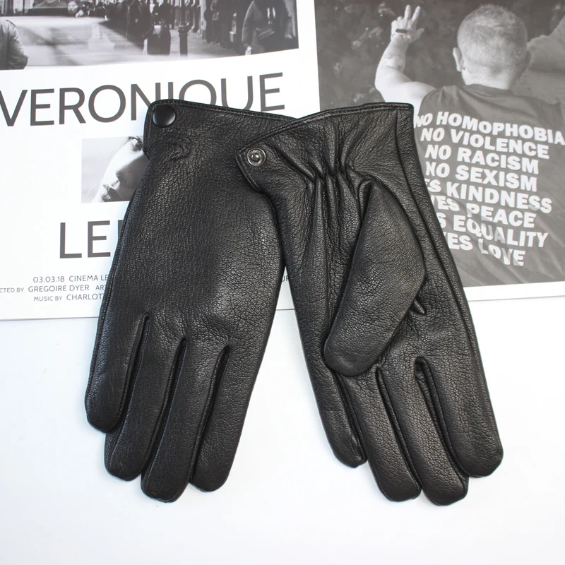 Guantes de piel de ciervo para hombre, forro de piel de conejo corrugado, forro de terciopelo cálido de invierno, guantes de lana recta de punto de