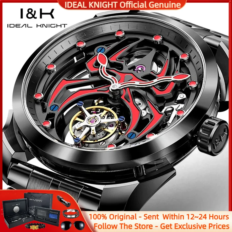 IDEAL KNIGHT 6802 Tourbillon Men Mechanical Watch Limited Edition Night Light Hollow Spider Series Luxury Black Steel Men Watch