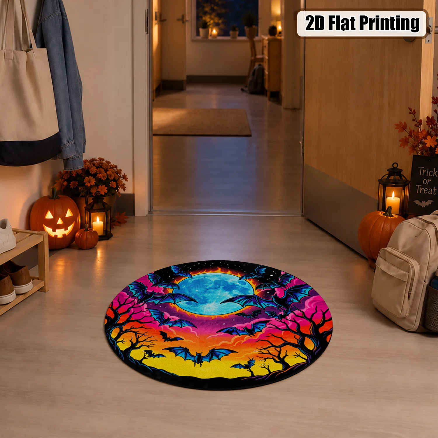 Vibrant Bat Moon Galaxy Print Round Velvet Rug, Machine Washable Soft Area Rug, Suitable for Living Room, Bedroom, Entryway, Perfect for Halloween, Thanksgiving, Christmas, Black Friday, Cyber Monday, New Year Home Decor