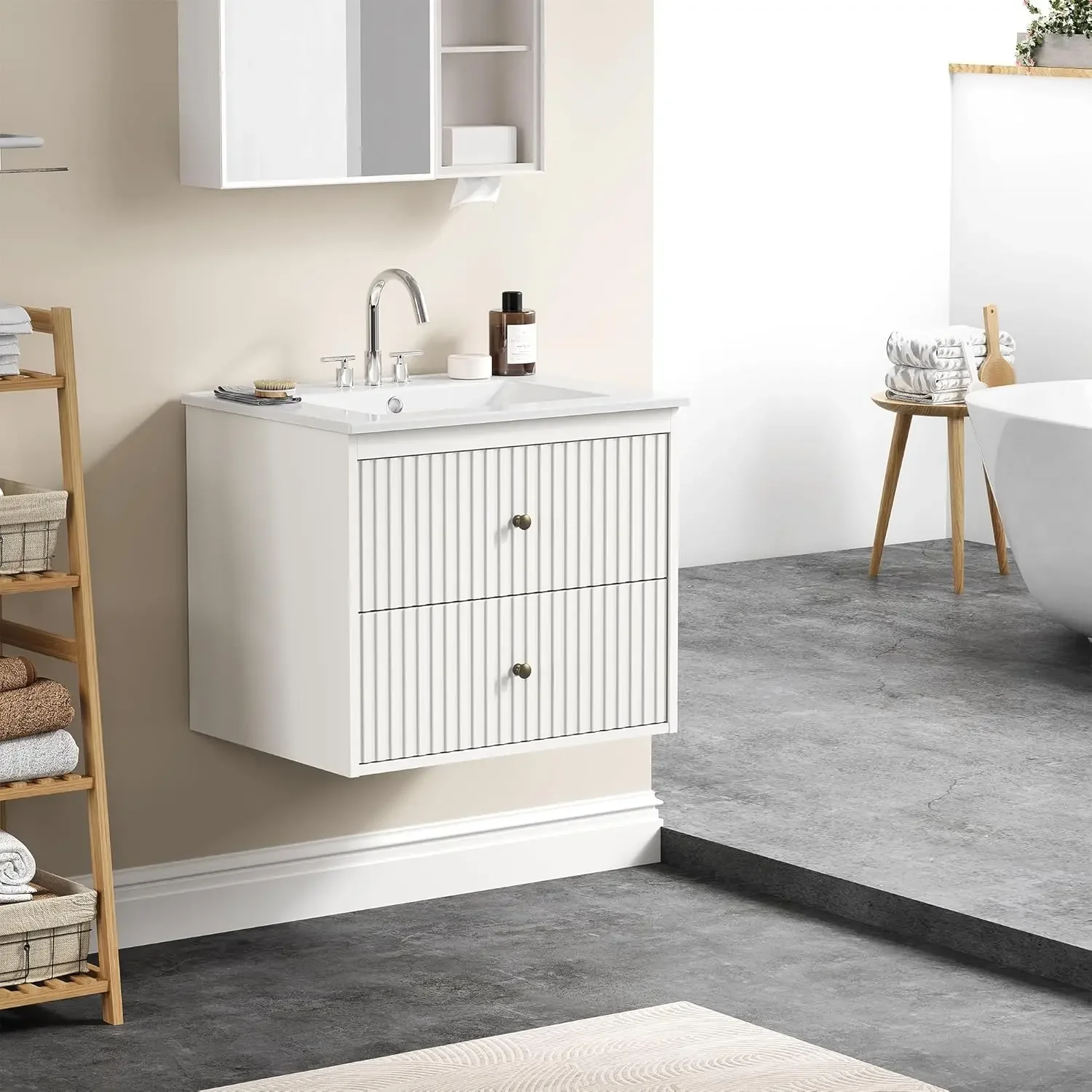 

24'' Bathroom Vanity with Sink Combo, Wall Mounted Floating Sink Cabinet with 2 Hidden Damping Drawers, Grooved Stripe Design Ba