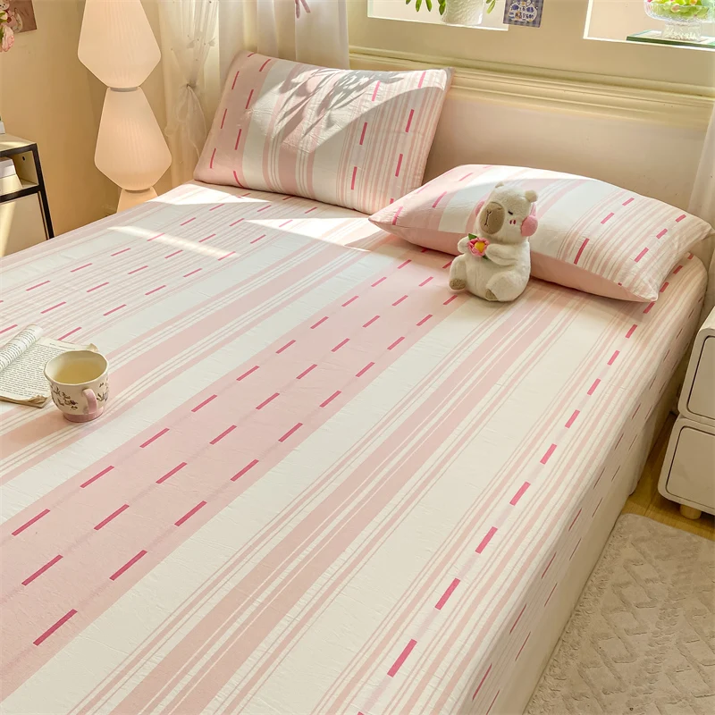 Bonenjoy Print Bedsheet Pure Cotton Bed Cover Skin-friendly Fitted Sheet Simple Style Bed Linen 침대시트 (Pillowcase Need Order)