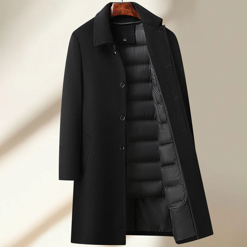 High Quality Men's Long-Length Duck Down Liner Woolen Coat Business Casual Windbreaker Puffer Jacket Solid 50% Wool Top Overcoat