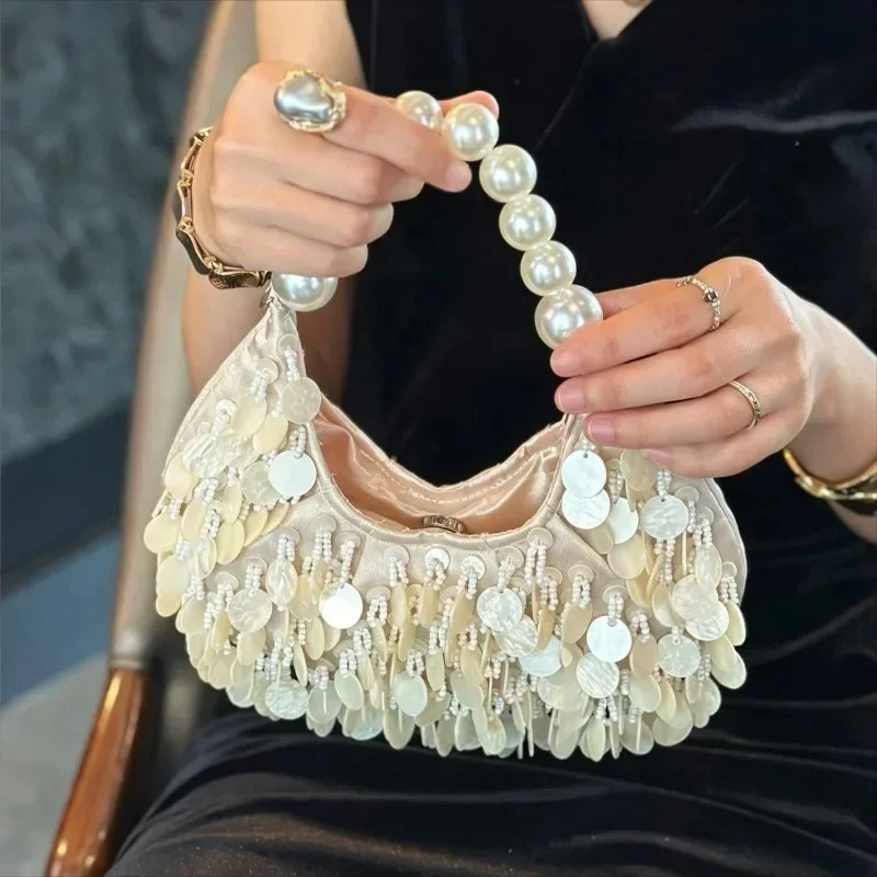 2026 Handcrafted Shell Sequin Bag Women's Summer High-End Chain Handbag Vacation Style Crossbody Bag Handheld Polyester