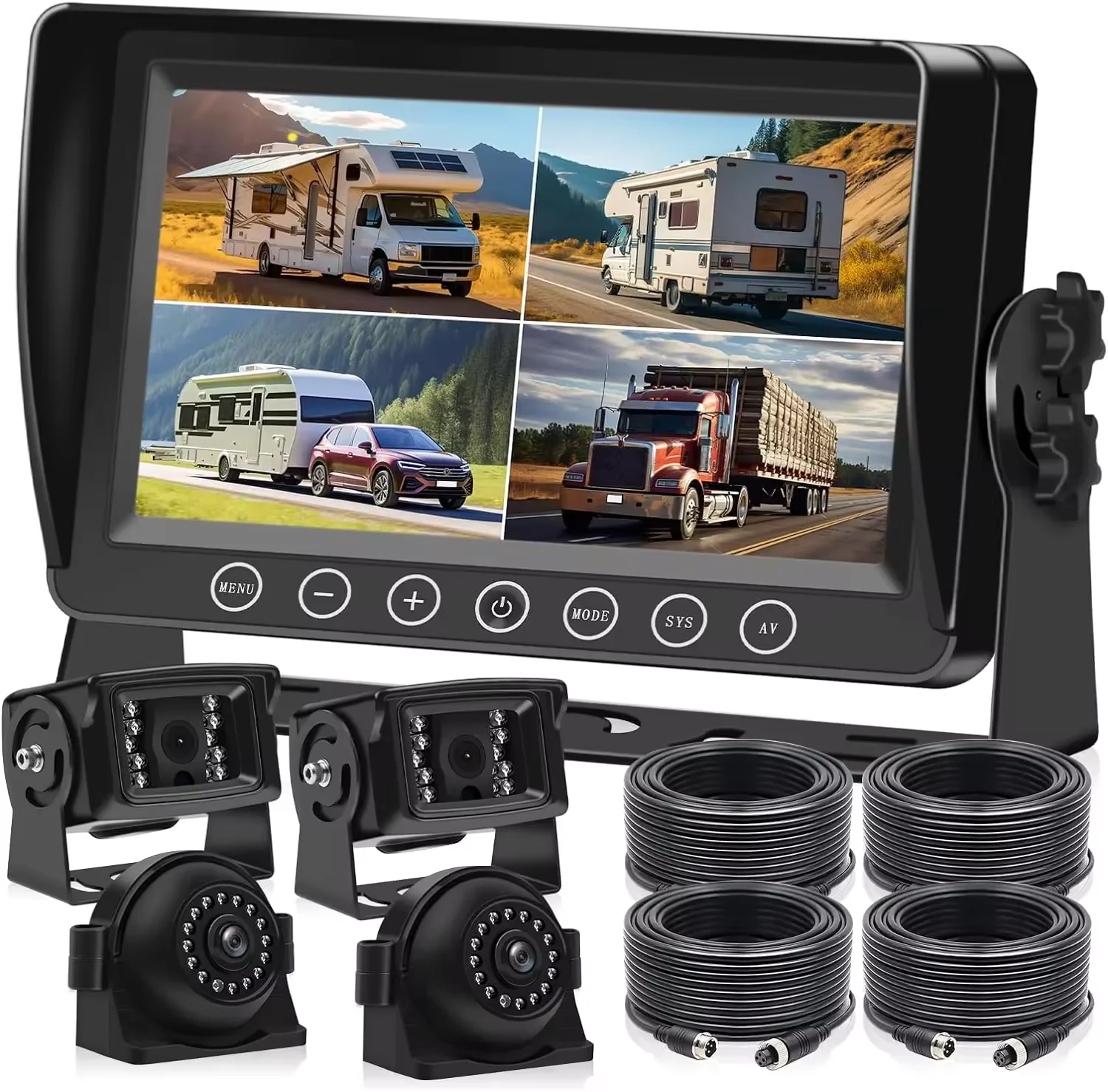 Quad Screen  Backup DVR Record Camera System and 4CH 7/9Inch AHD Monitor Kit for Trucks and Heavy Machinery