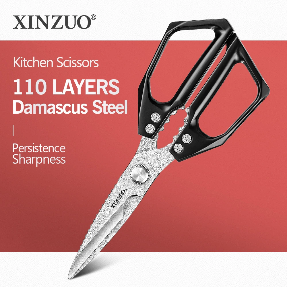 XINZUO Kitchen Scissors 110 Layers Damascus Steel Stainless Steel Kitchen Meat Cutting Chicken Bone Opening Bottle Accessories