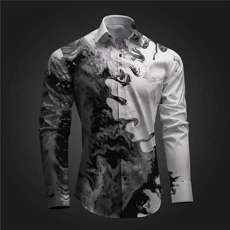 Men's shirt 3D printing subculture party street vacation spring and summer long-sleeved ruby color, four-way stretch shirt
