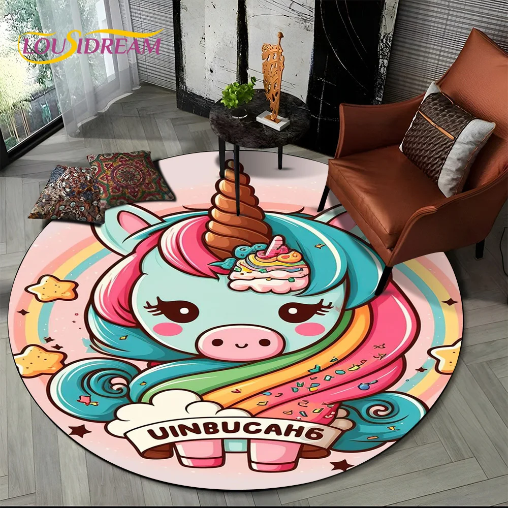 3D Cute Unicorn Cartoon Girl Gift Round Carpet Rug for Living Room Bedroom Child Playroom Decor,Pet Area Rug Non-slip Floor Mat